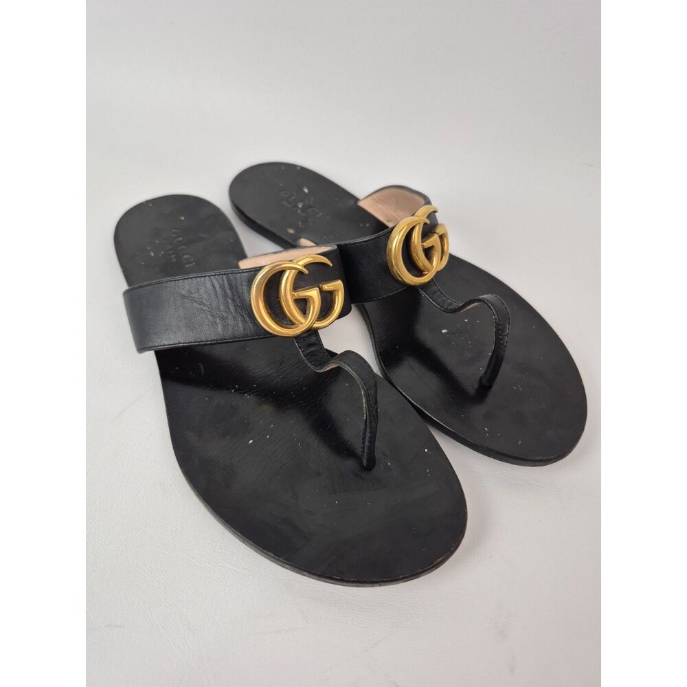 Gucci Women's Black Marmont Leather Thong Sandals Flip Flops Double GG Size 36